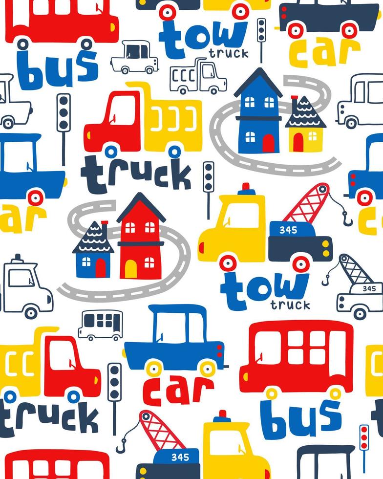 Seamless pattern vector with vehicles cartoon, traffic elements illustration