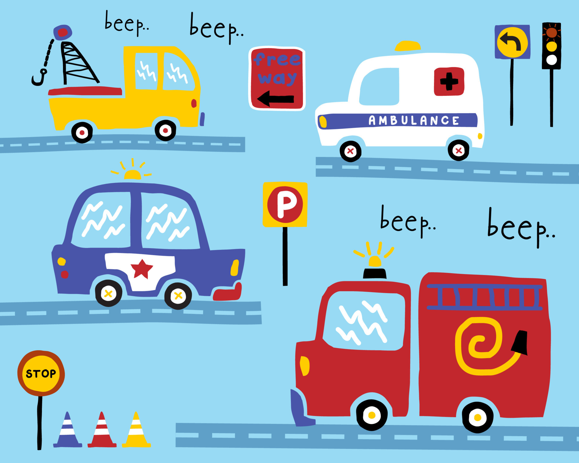 Vector set of hand drawn rescue vehicles cartoon in road with traffic signs, traffic elements illustration 16301494 Vector Art at Vecteezy Vector set of hand drawn rescue vehicles cartoon in road with traffic signs, traffic elements illustration 16301494 Vector Art at Vecteezy