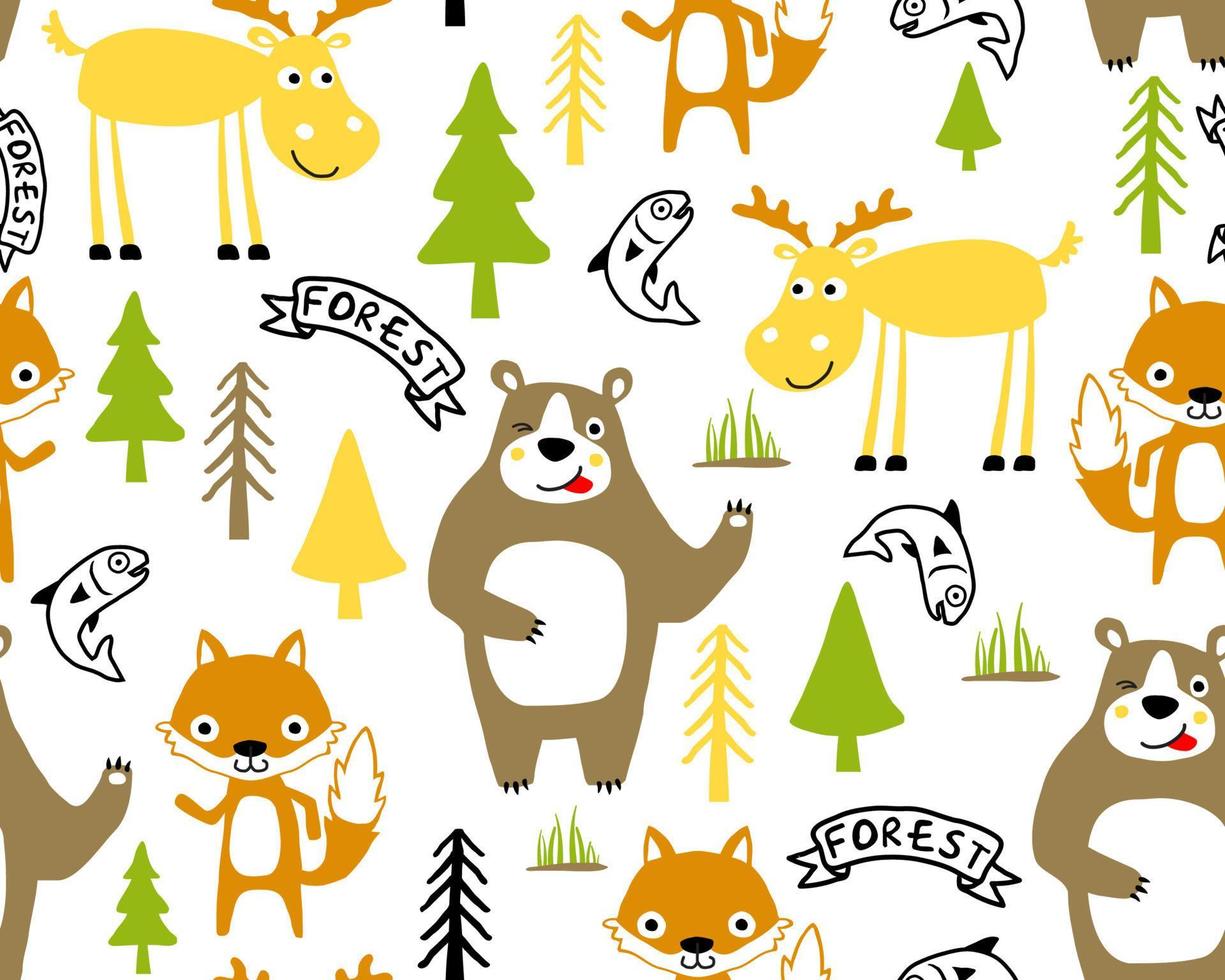 Vector seamless pattern of hand drawn funny animals cartoon, forest elements illustration