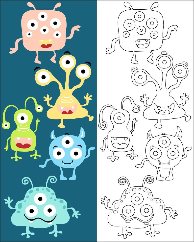 conjunto vectorial de divertidos dibujos animados de monstruos, libro de colorear o página vector