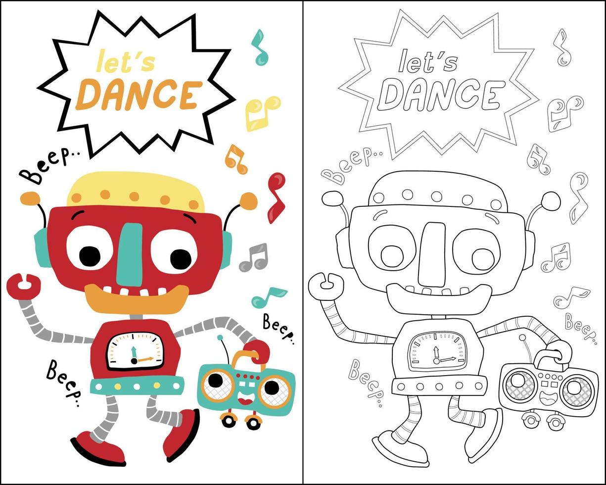 Vector of funny robot cartoon dancing while carrying tape recorder, coloring book or page