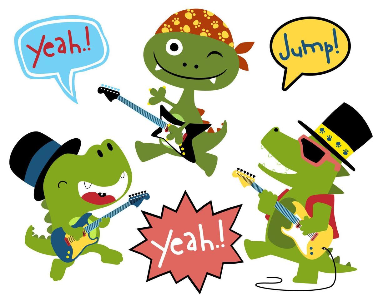 Vector set of funny monster cartoon in rocker costume playing electric guitar