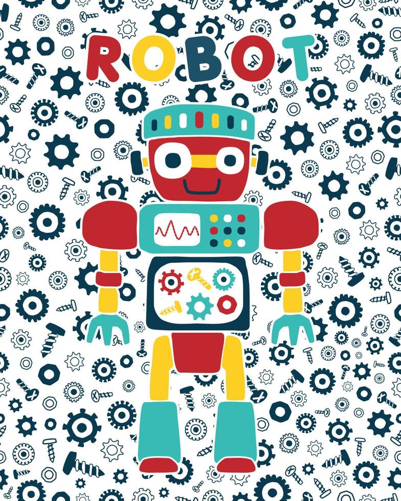 dibujos animados de robot sonriente en un patrón sin costuras de pernos, tuercas y fondo de engranajes vector