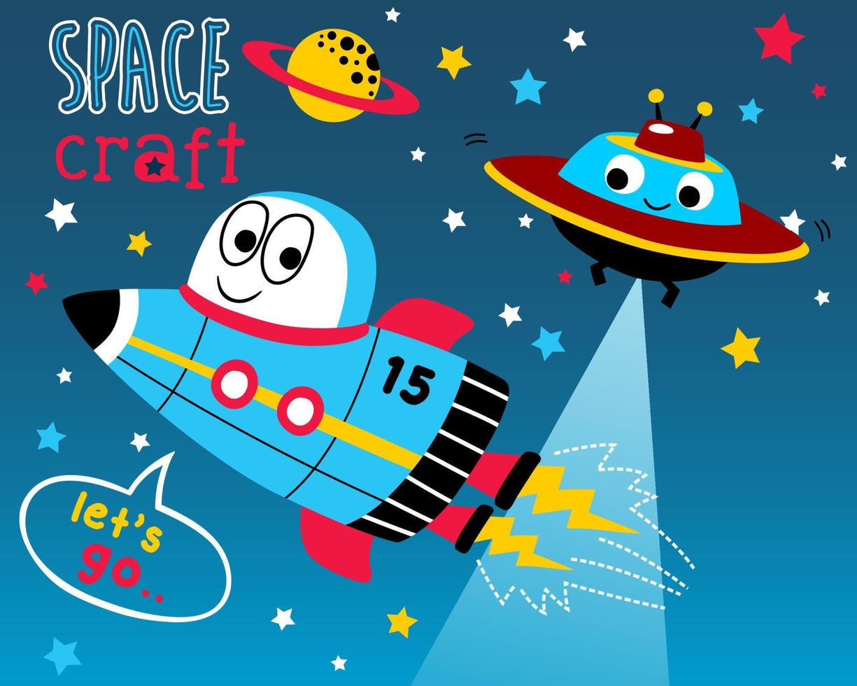 Vector of funny spacecraft cartoon in galaxy