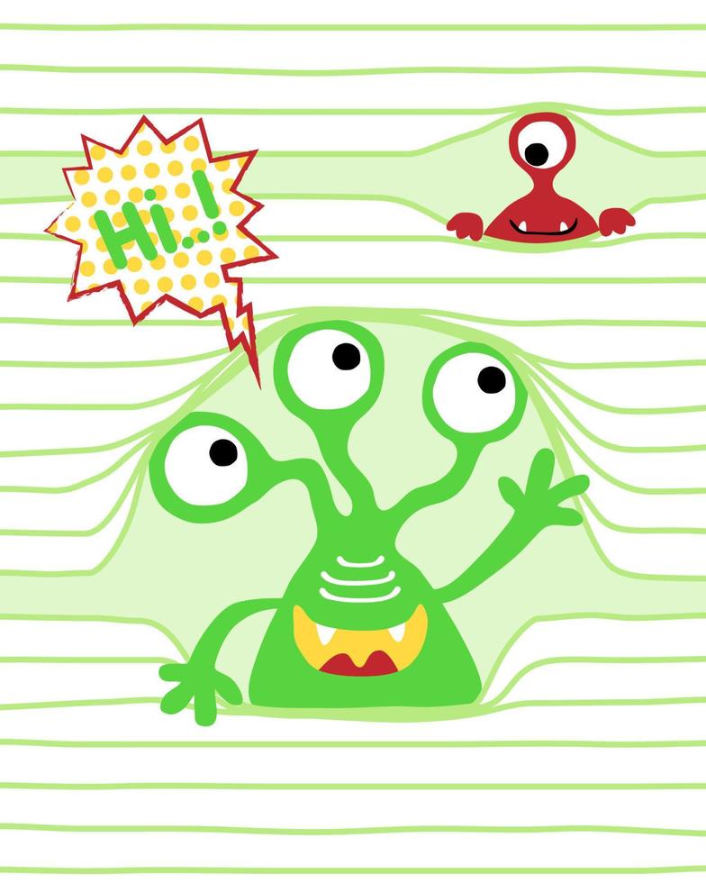 vector illustration of funny aliens cartoon on striped background