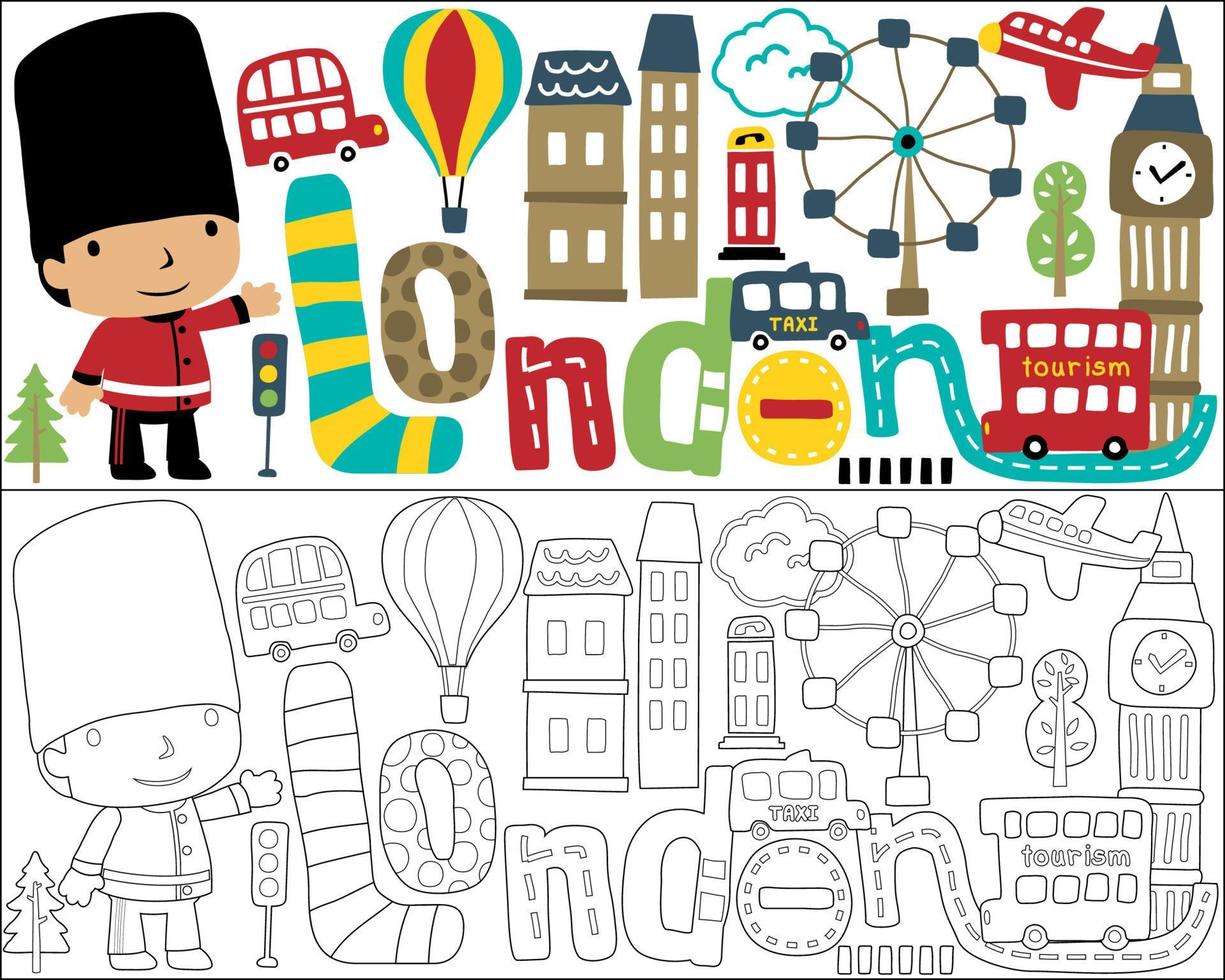 conjunto vectorial de dibujos animados de elementos de Londres del paisaje urbano con pequeña guardia real, libro de colorear o página vector