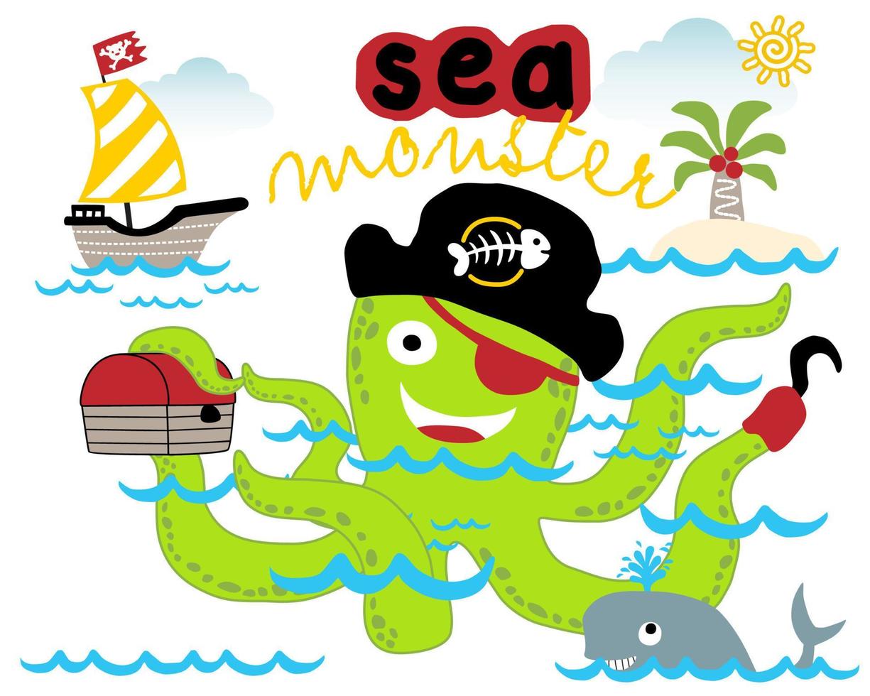 Vector cartoon of green sea monster in pirate accessories with sailboat, island and whale