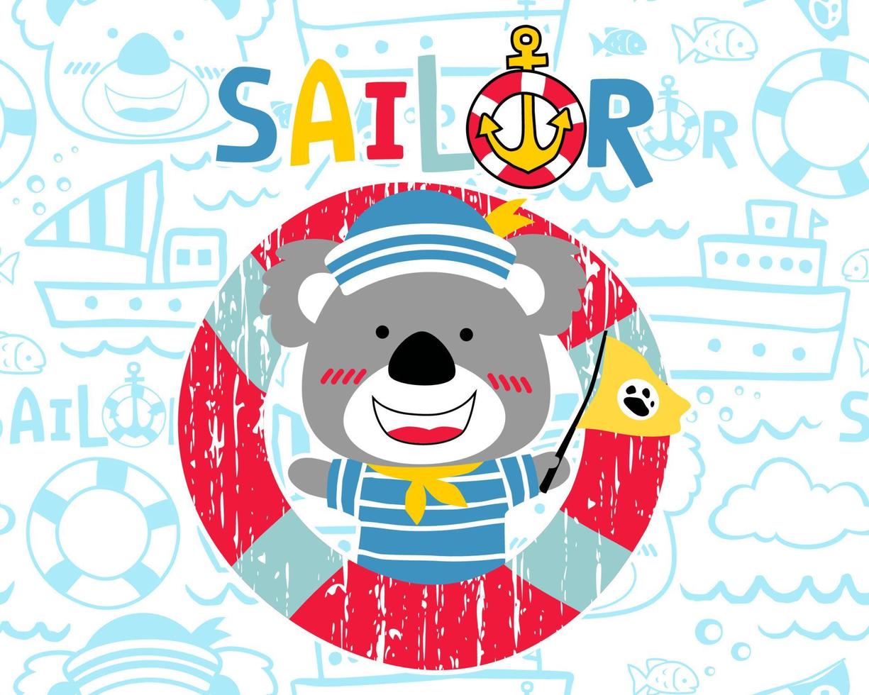 vector of funny koala cartoon in sailor uniform in lifebuoy on seamless pattern of sailing elements illustration