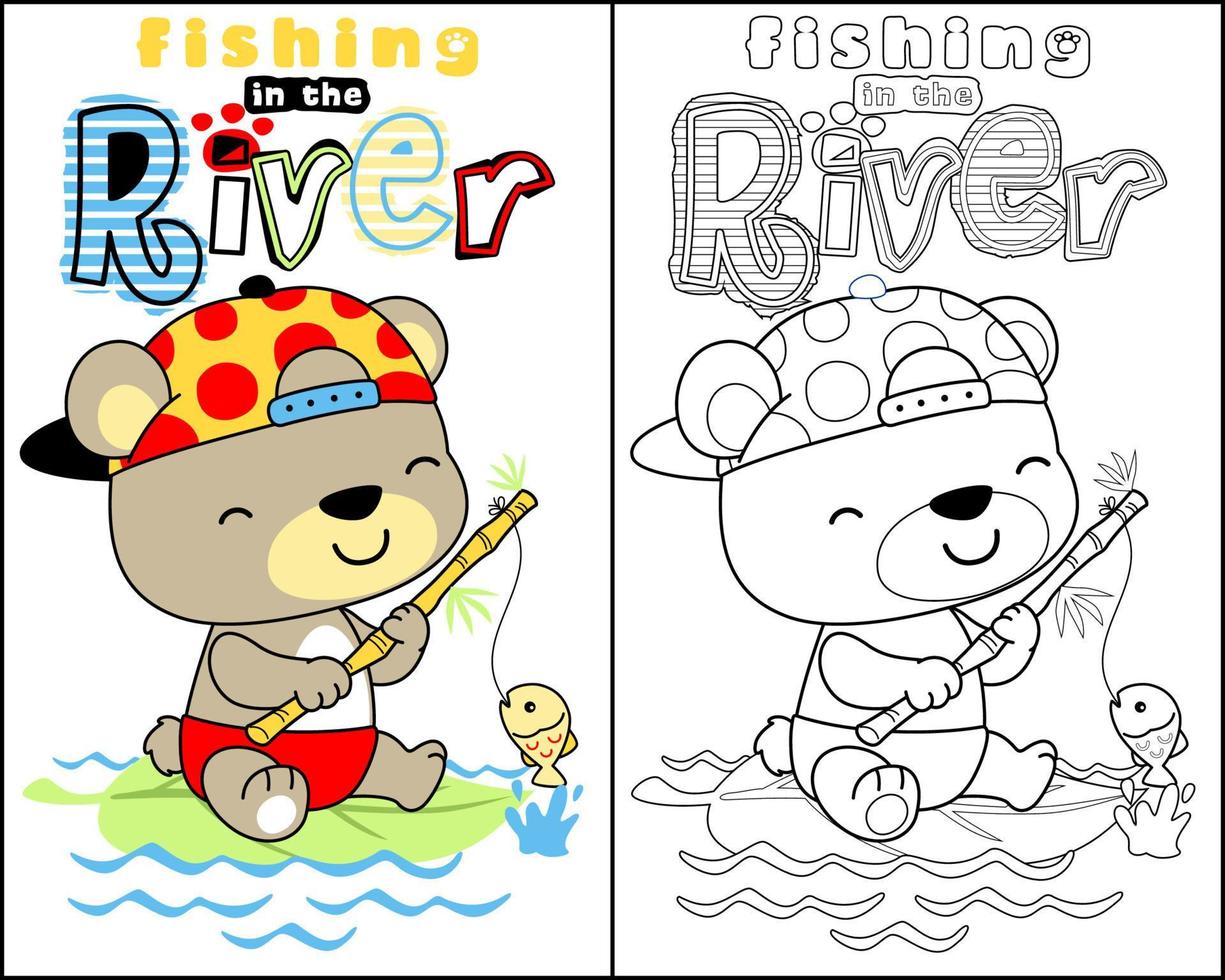 vector of coloring book or page with little bear cartoon fishing