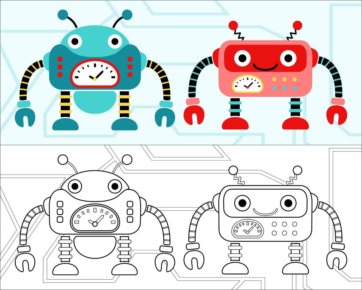 Vector illustration of funny robots cartoon, coloring book or page