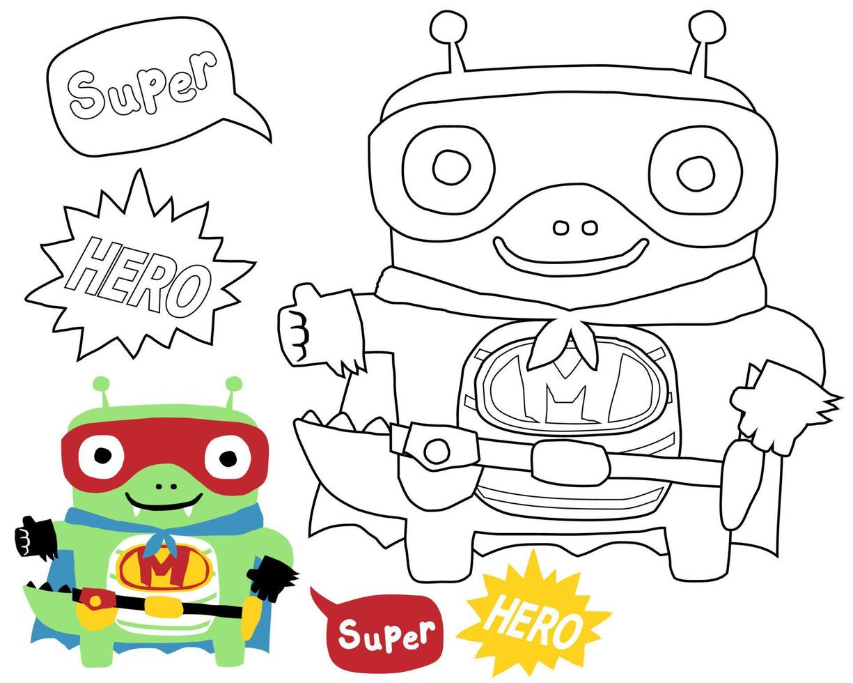 Vector of funny alien super hero cartoon, coloring book or page