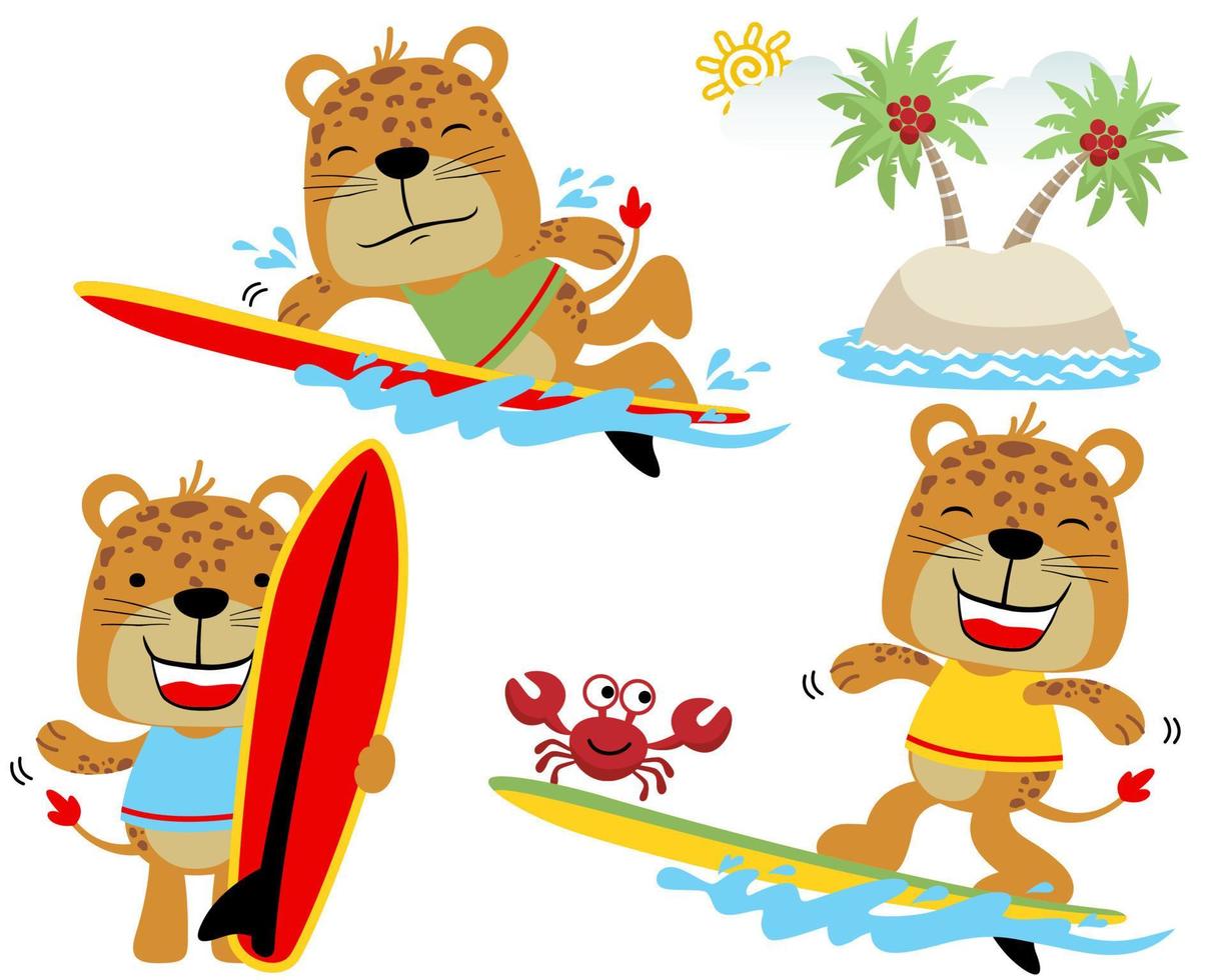 Vector set of funny tigers cartoon surfing in the beach
