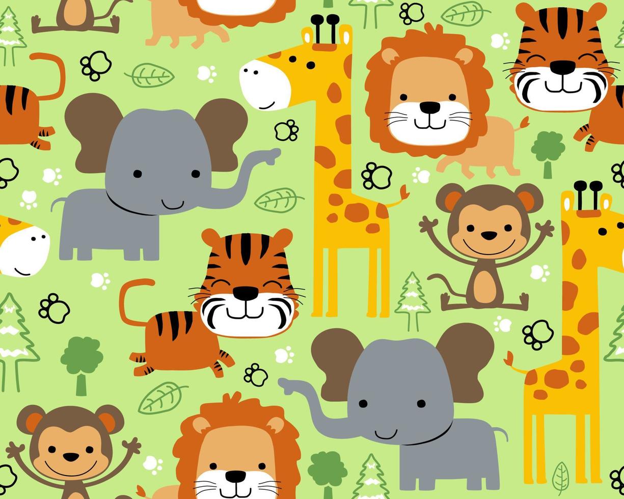 Seamless pattern vector of cute animals cartoon, forest elements illustration