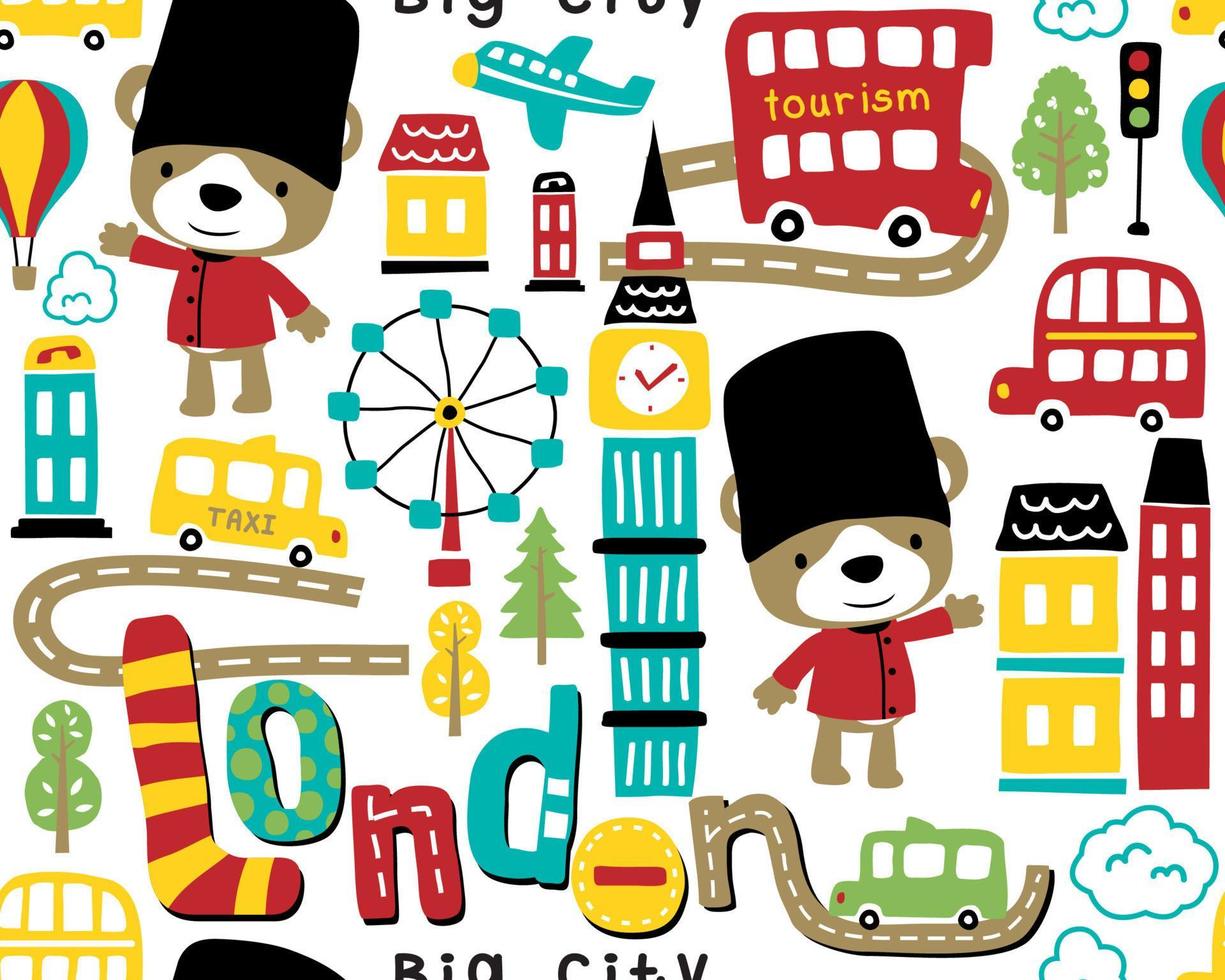 vector de patrones sin fisuras de dibujos animados de elementos de la ciudad de Londres con oso divertido en traje de guardia real