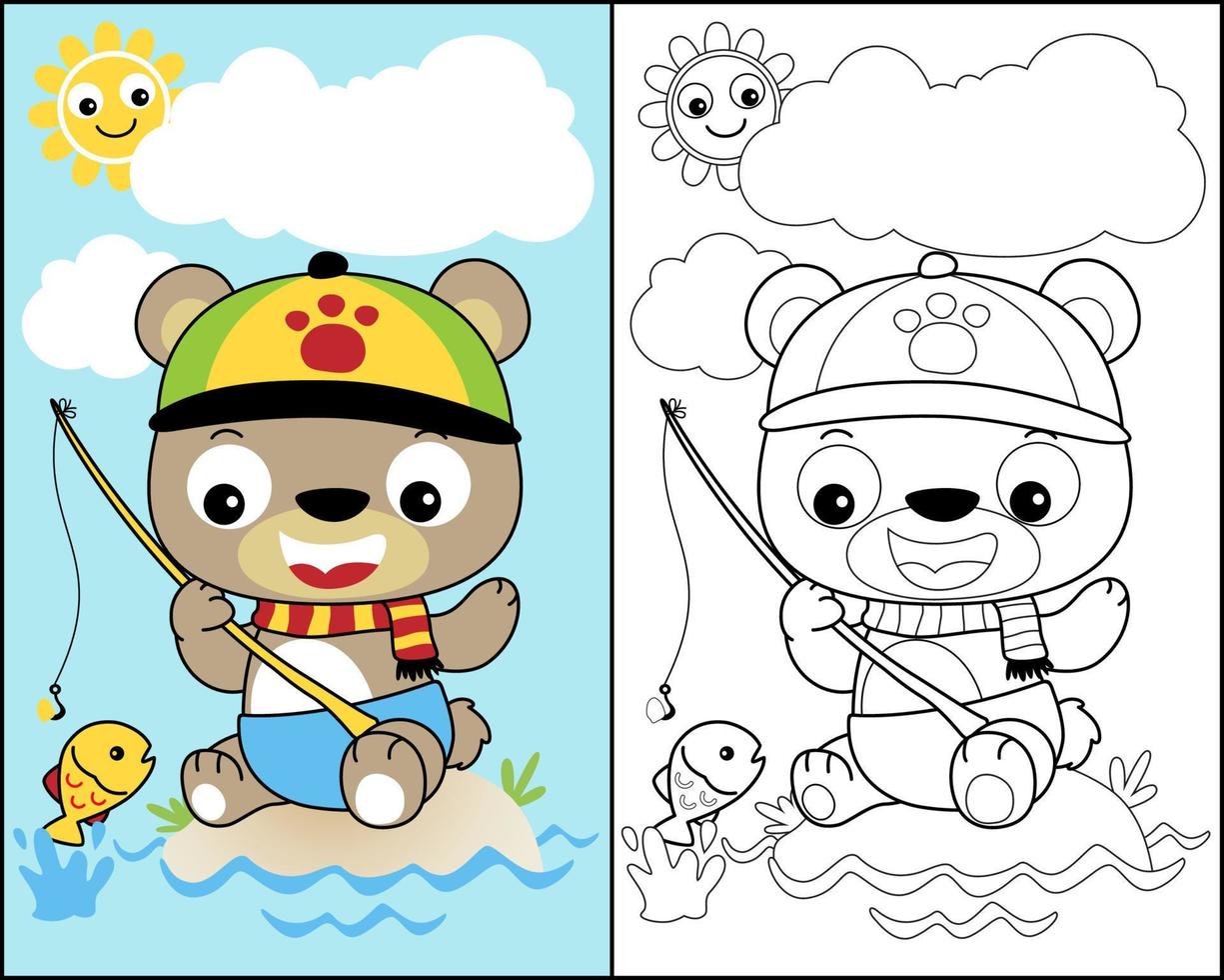 vector of coloring book or page with little bear cartoon fishing