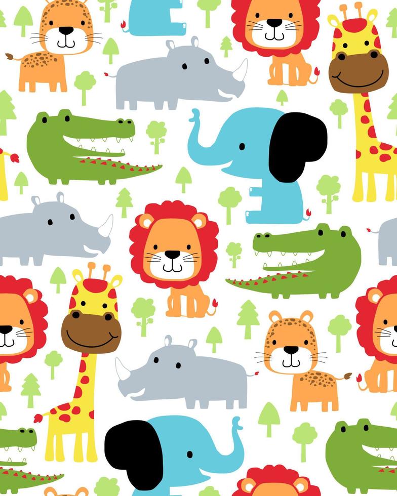 Seamless pattern vector of colorful animals cartoon with trees