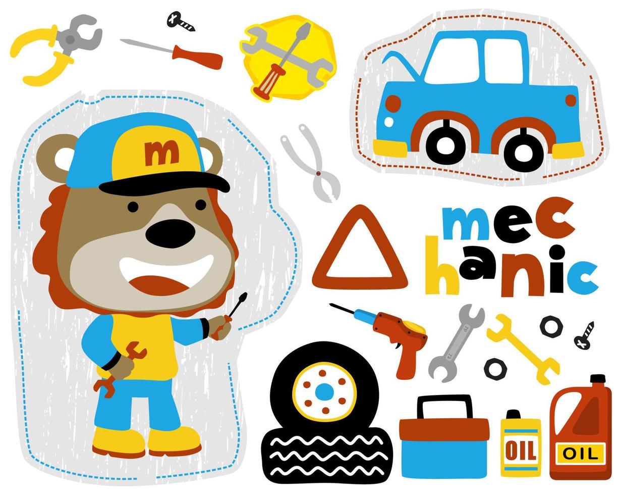 Cartoon of lion in mechanic costume with car and mechanic tools. Car mechanic elements illustration vector