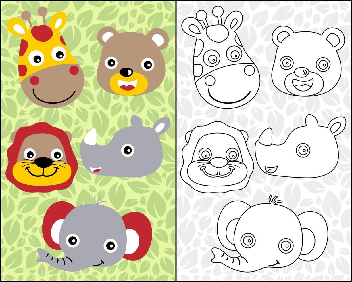 Cartoon of cute animals smile face on leaves background, coloring book or page vector