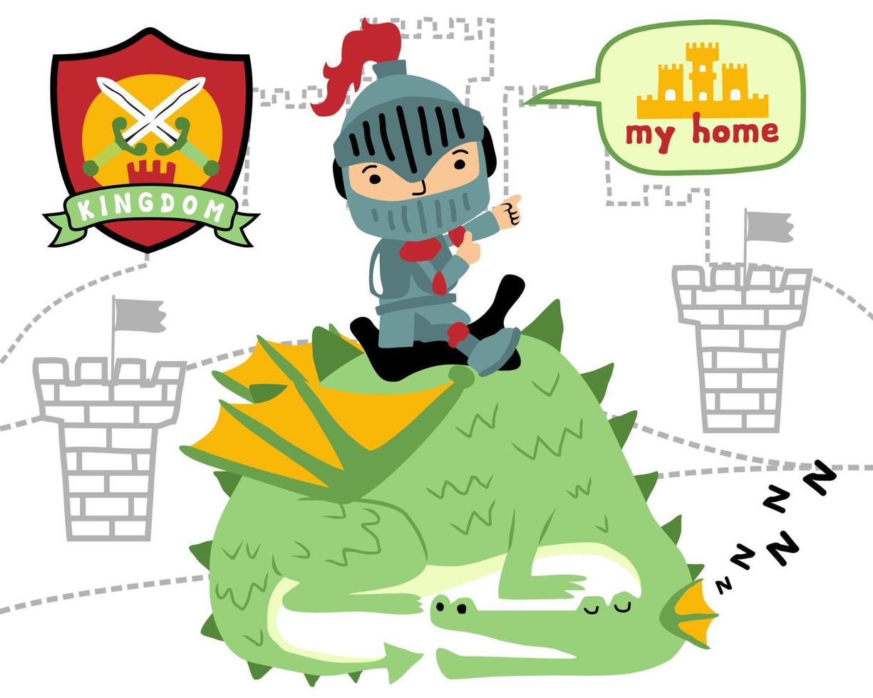 Vector of little knight cartoon riding sleeping dragon on castle outline background, fairytale elements illustration