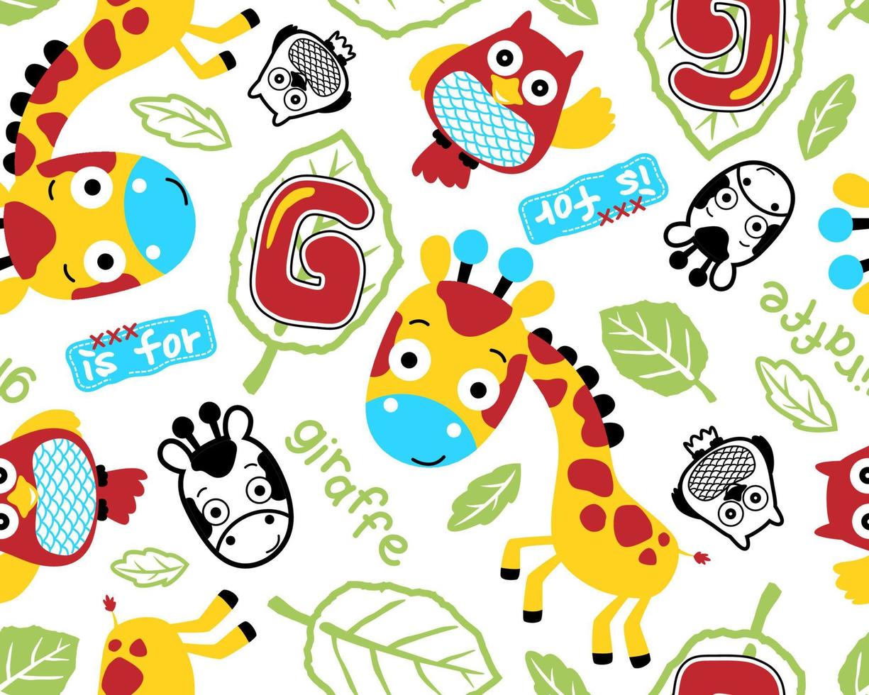Vector seamless pattern of giraffe and owl cartoon with leaves