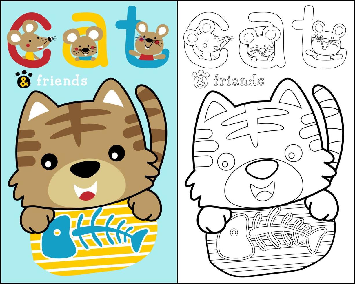 Cartoon of cat holding fish bone with three mouse, coloring book or page vector