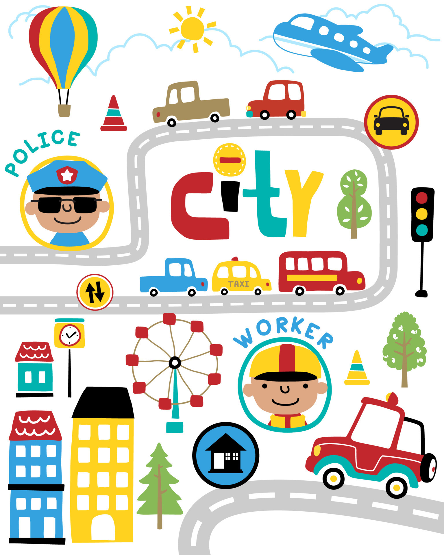 Vector set of cityscape elements cartoon with funny cop and worker 16301600  Vector Art at Vecteezy