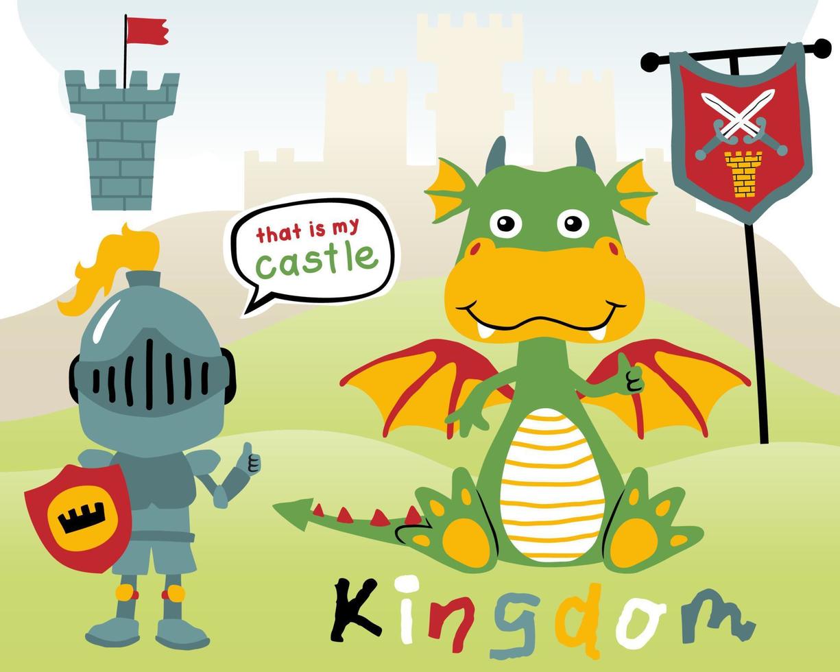 Vector of funny dragon cartoon with little knight holding shield on castle background