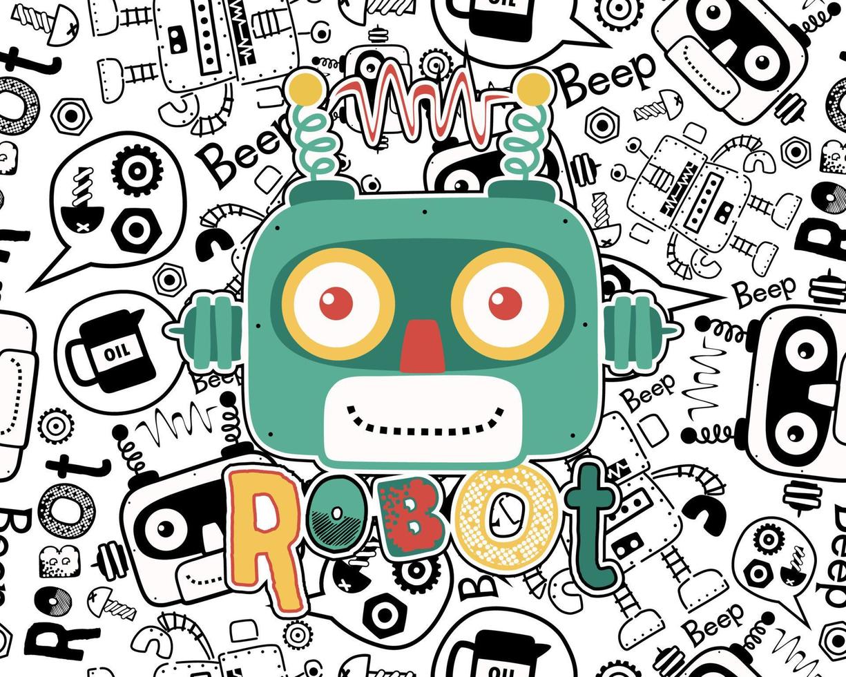 Vector of funny robot head cartoon on seamless pattern robots elements background