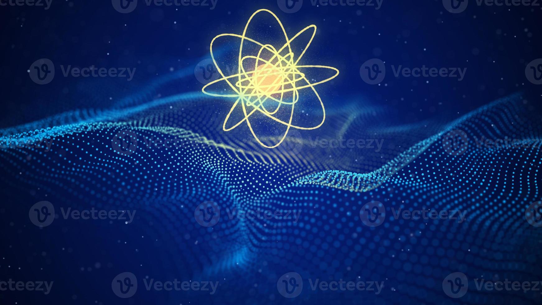 A glowing atom molecule above a wave of particles. Visualization of big data. Science and technology. Futuristic dark background with moving particles. 3d rendering photo