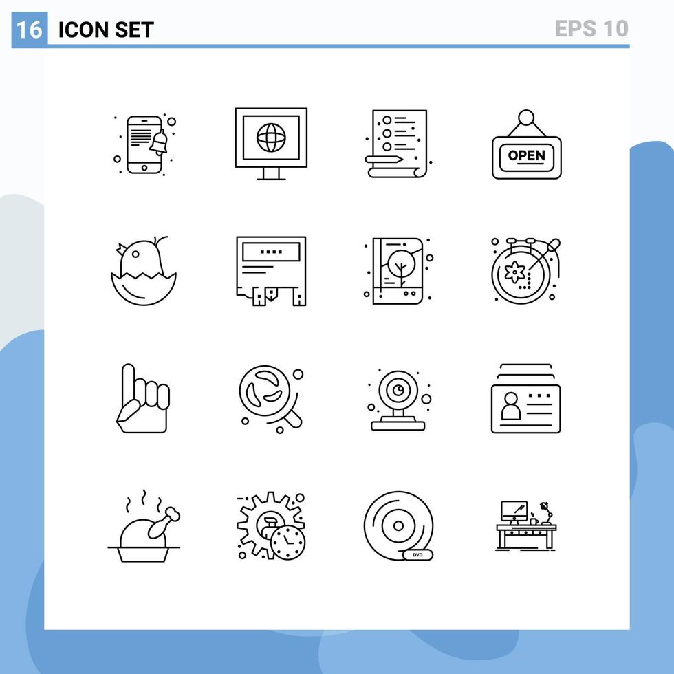 paquete de 16 signos y símbolos de contornos modernos para medios de impresión web, como elementos de diseño de vectores editables abiertos de pascua de archivos de anuncios para bebés