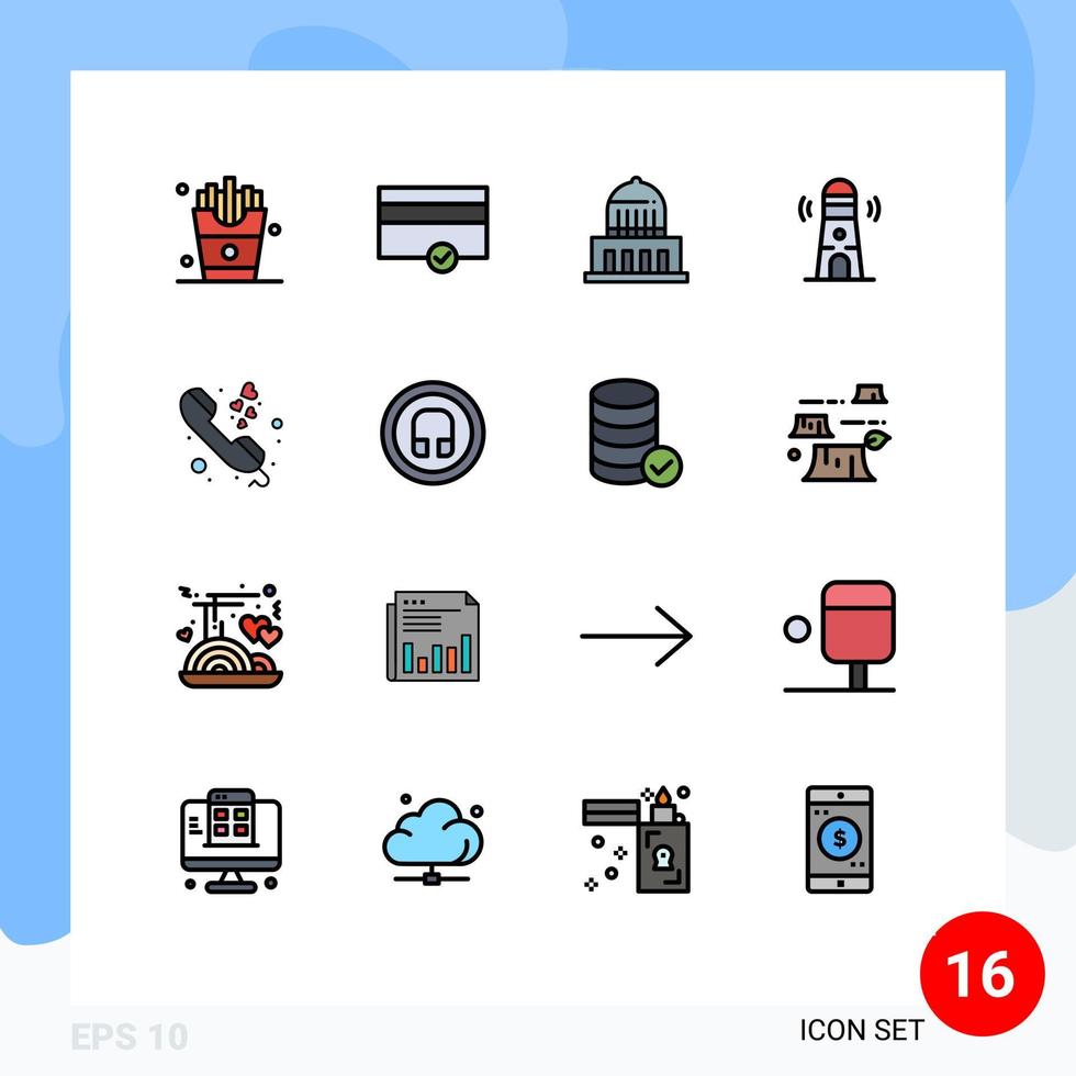 Group of 16 Modern Flat Color Filled Lines Set for love call city tower building Editable Creative Vector Design Elements