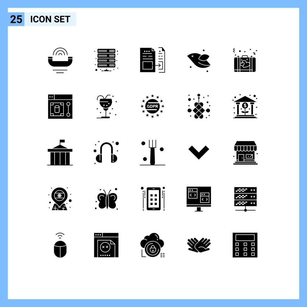 Solid Glyph Pack of 25 Universal Symbols of fly animal storage invoice document Editable Vector Design Elements