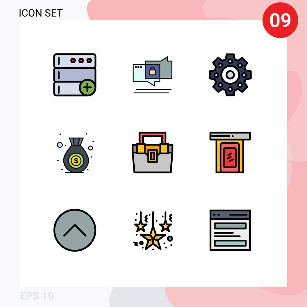 Mobile Interface Filledline Flat Color Set of 9 Pictograms of rainy material gears construction bag Editable Vector Design Elements