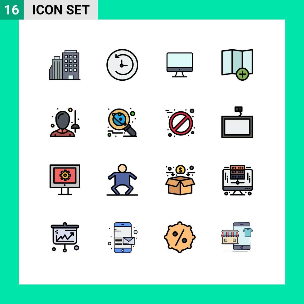 16 Universal Flat Color Filled Line Signs Symbols of sword fencing monitor female map Editable Creative Vector Design Elements