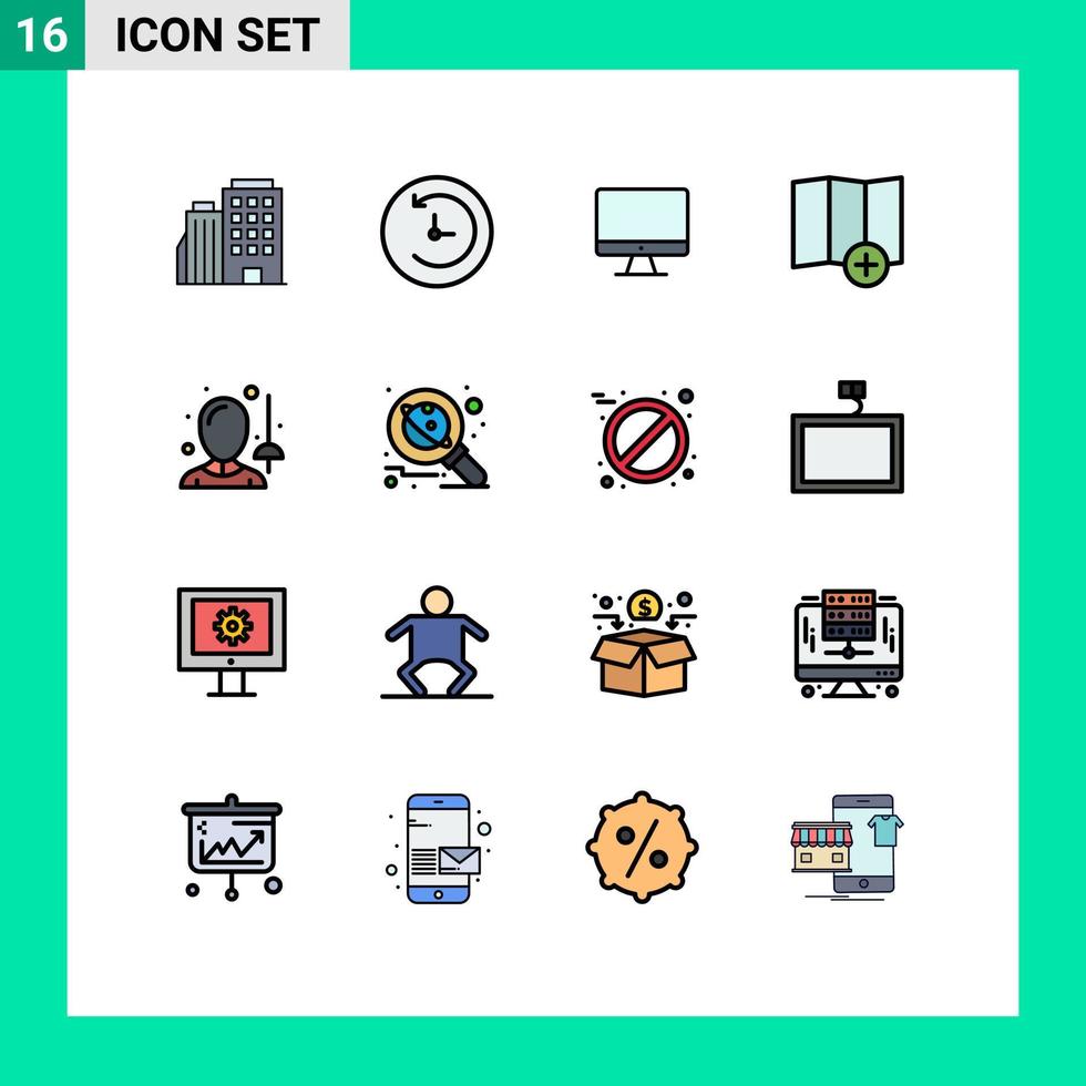16 signos de línea llenos de color plano universal símbolos de monitor de esgrima de espada mapa femenino elementos de diseño de vector creativo editable