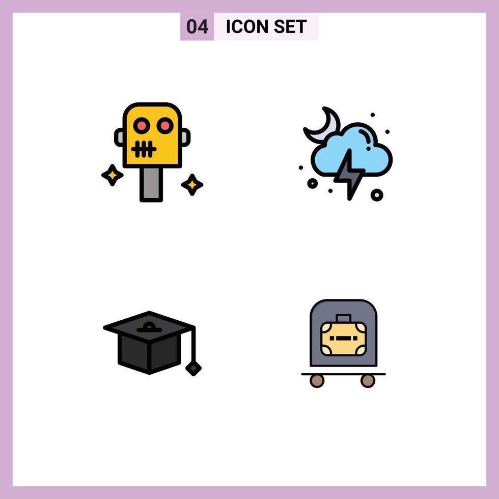 4 Universal Filledline Flat Color Signs Symbols of space graduation cloud storm luggage Editable Vector Design Elements