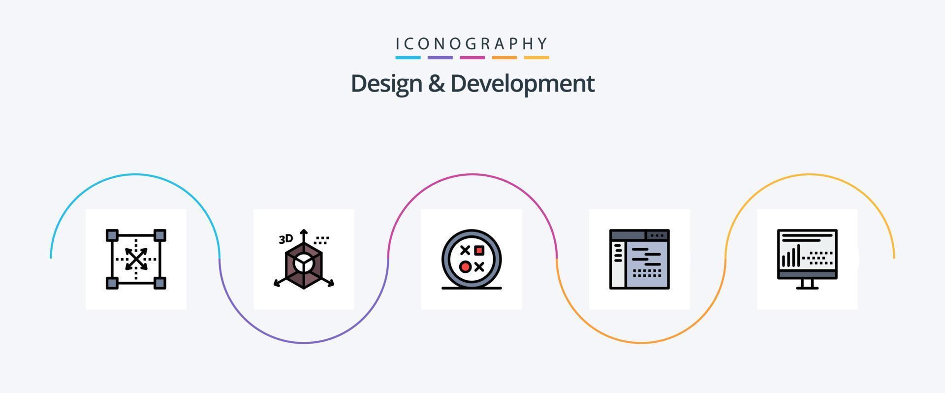 Design and Development Line Filled Flat 5 Icon Pack Including development. code. direction. shape. development vector