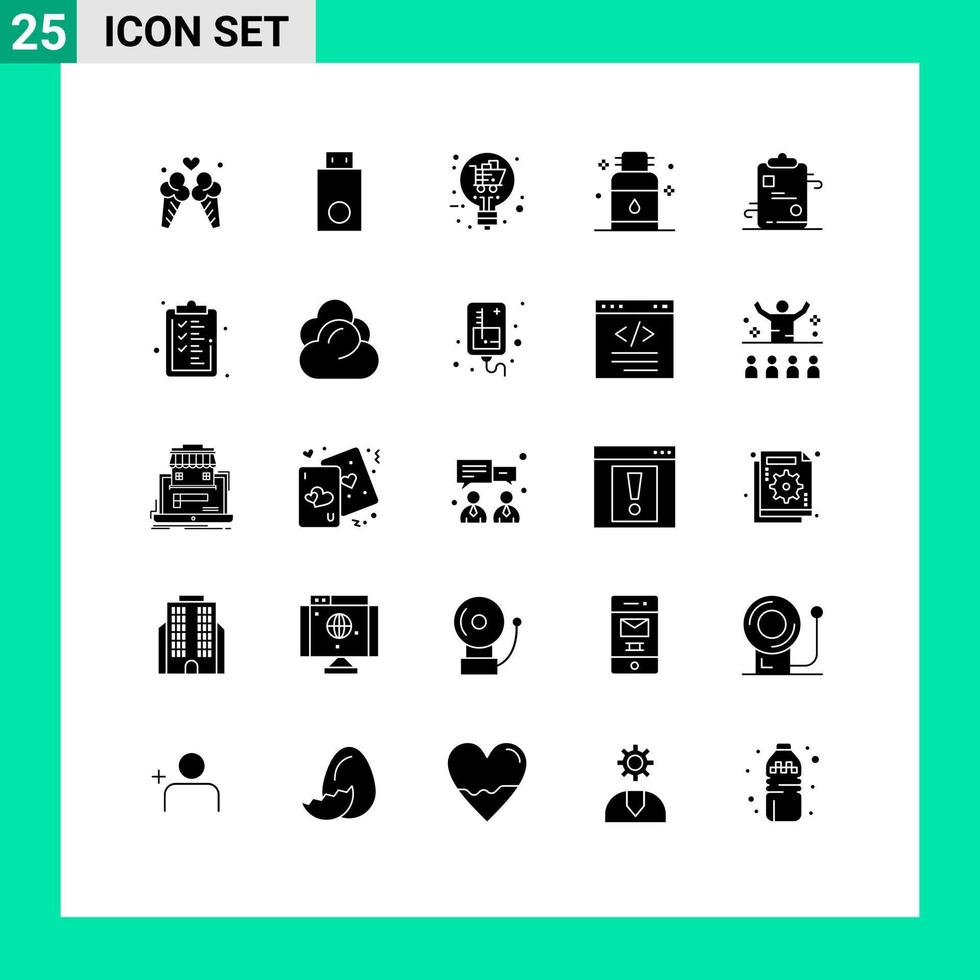 Pack of 25 Modern Solid Glyphs Signs and Symbols for Web Print Media such as spa oil technology jar offer Editable Vector Design Elements