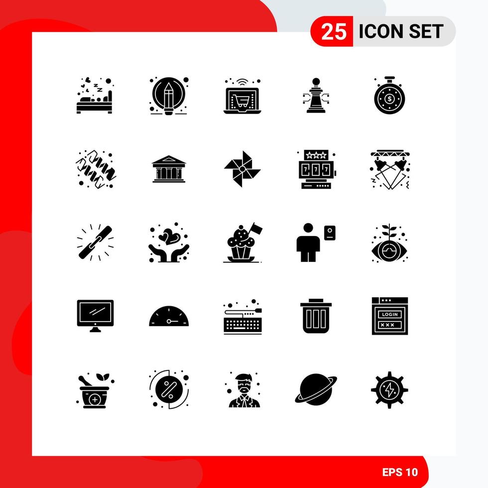 Modern Set of 25 Solid Glyphs Pictograph of investment time game pencil strategy chess Editable Vector Design Elements