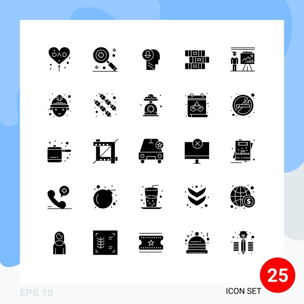 Universal Icon Symbols Group of 25 Modern Solid Glyphs of man stationary arrow notebook down Editable Vector Design Elements