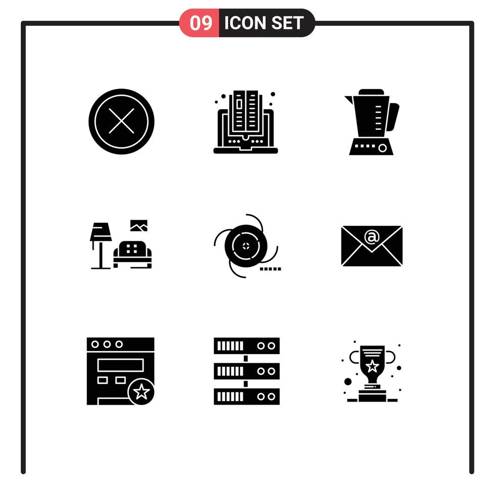 Set of 9 Vector Solid Glyphs on Grid for black sofa reading room machine Editable Vector Design Elements