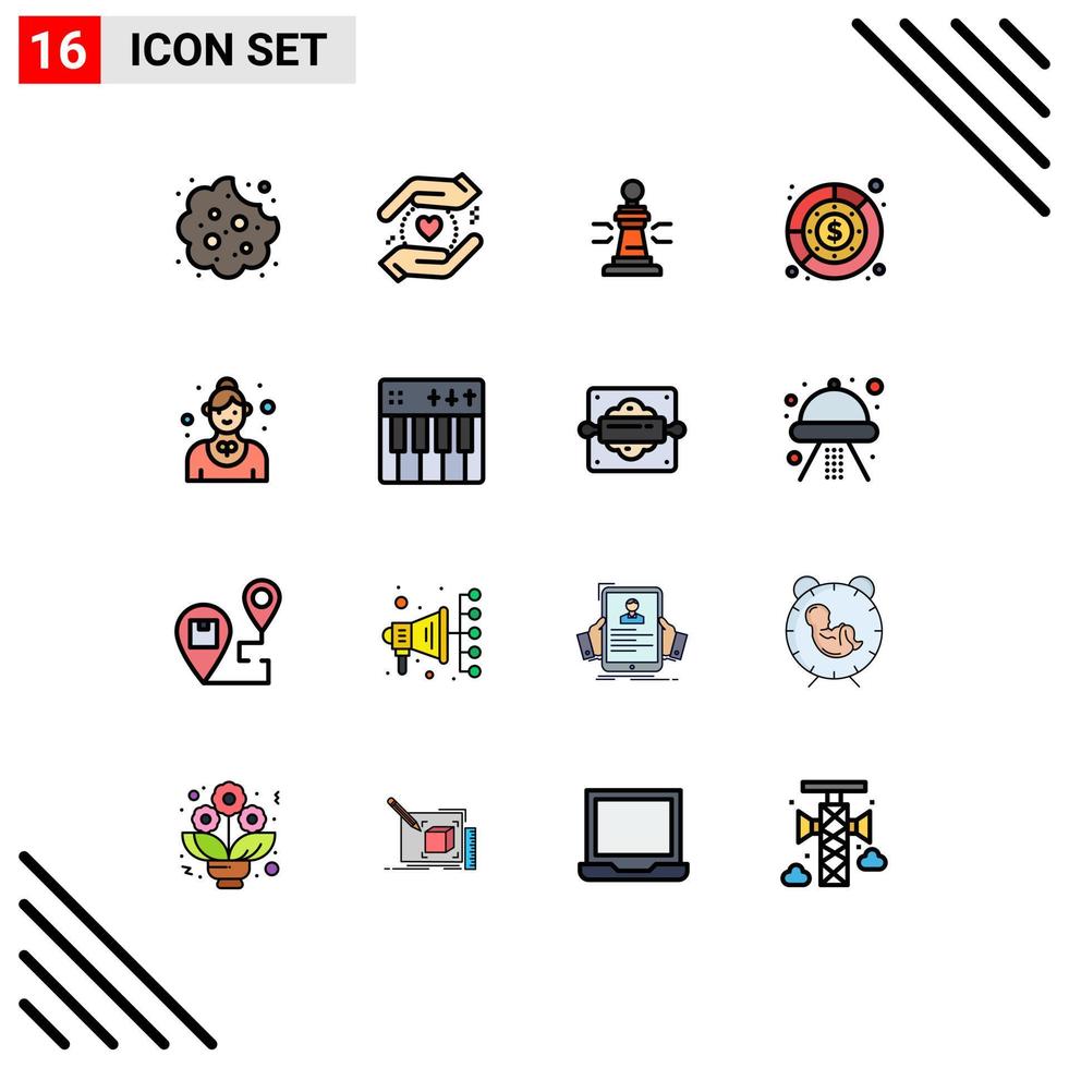 Flat Color Filled Line Pack of 16 Universal Symbols of catering profit game finance budget Editable Creative Vector Design Elements