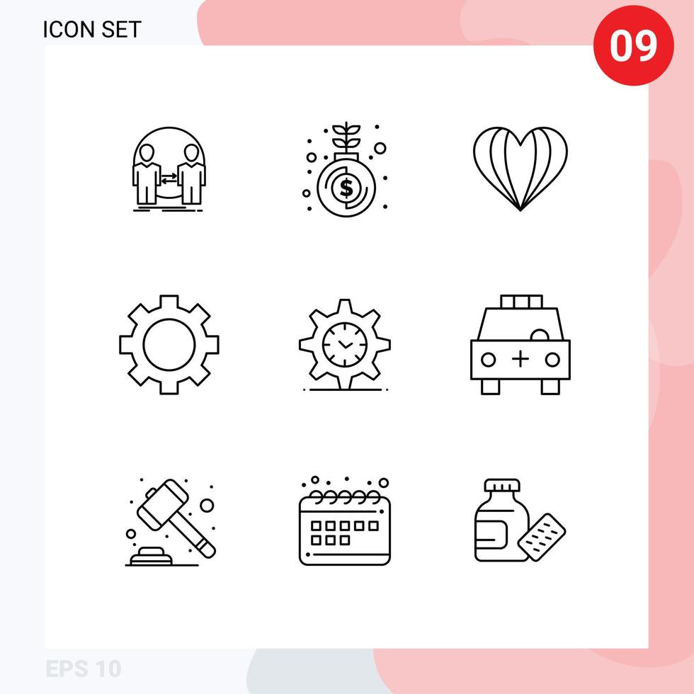 9 Universal Outlines Set for Web and Mobile Applications gear set growth gadget like Editable Vector Design Elements