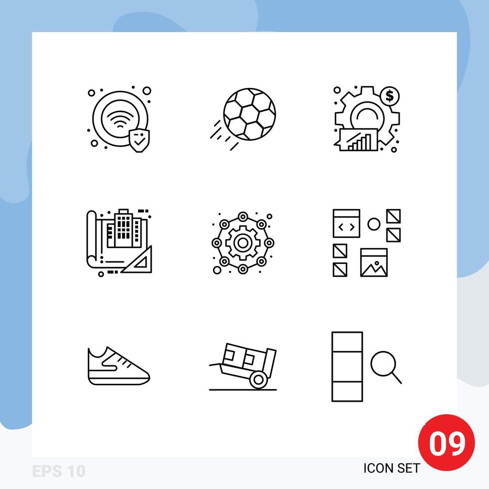 Pack of 9 Modern Outlines Signs and Symbols for Web Print Media such as drawing blueprint analysis blue statistical Editable Vector Design Elements