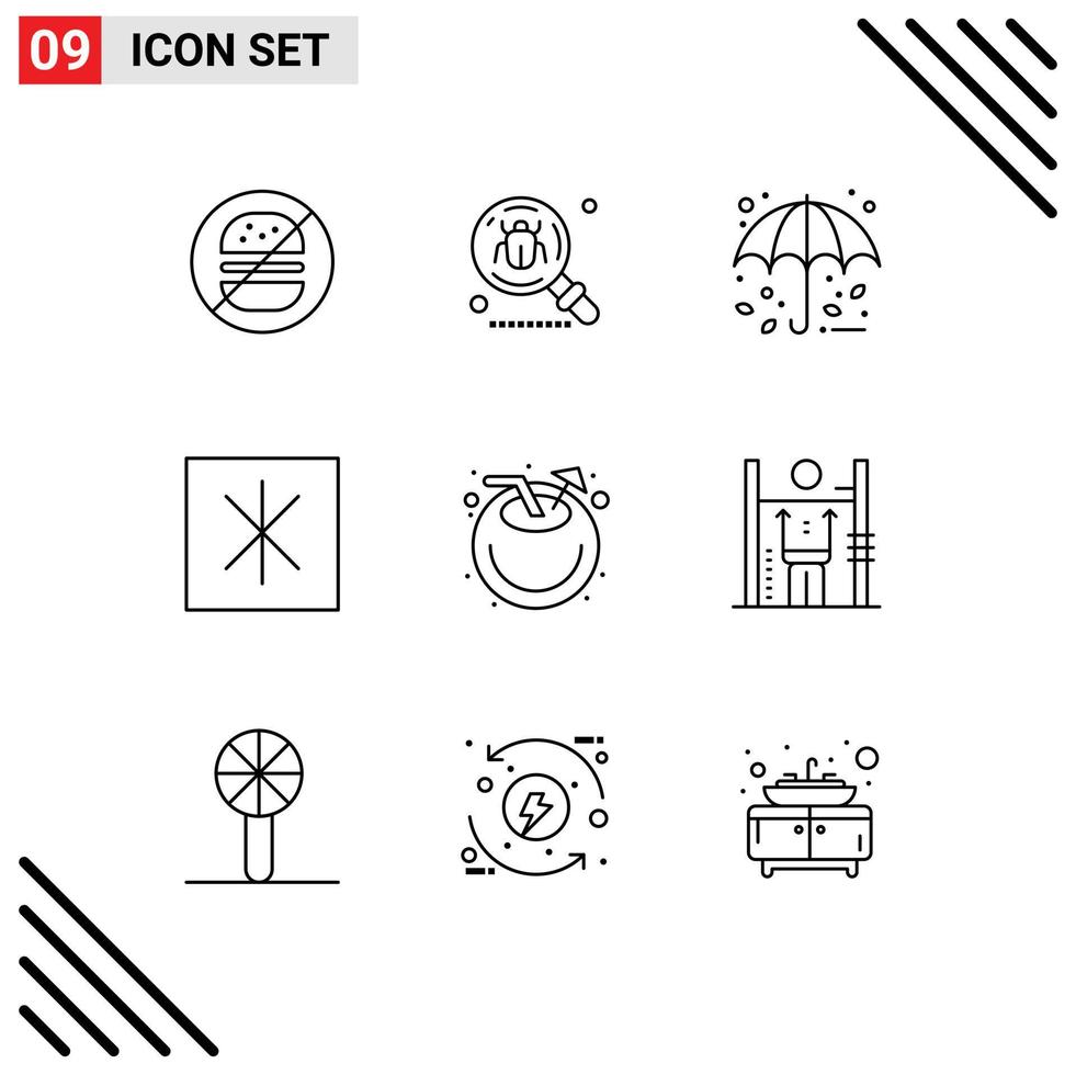 Pack of 9 Modern Outlines Signs and Symbols for Web Print Media such as coconut refrigerator search icebox umbrella Editable Vector Design Elements