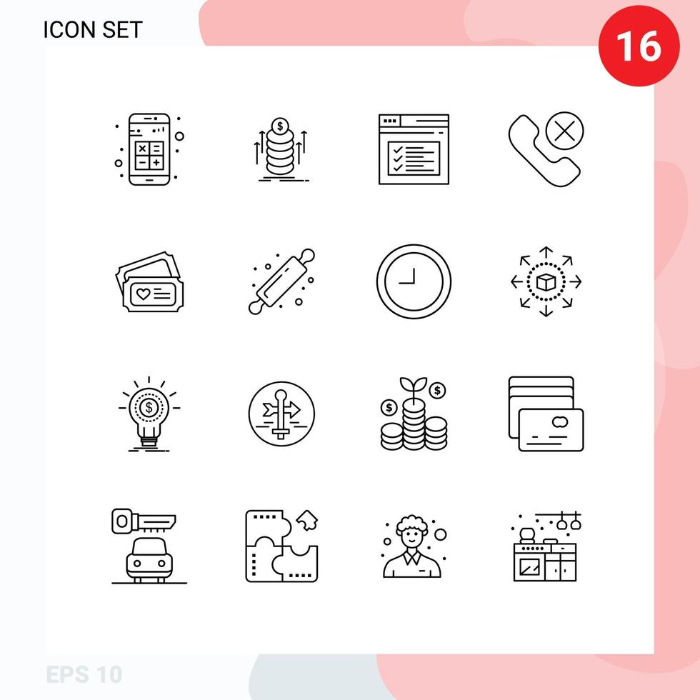 User Interface Pack of 16 Basic Outlines of phone contact coins call website Editable Vector Design Elements