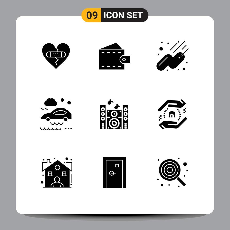 9 Universal Solid Glyphs Set for Web and Mobile Applications sound wet road wallet rain bad weather condition Editable Vector Design Elements