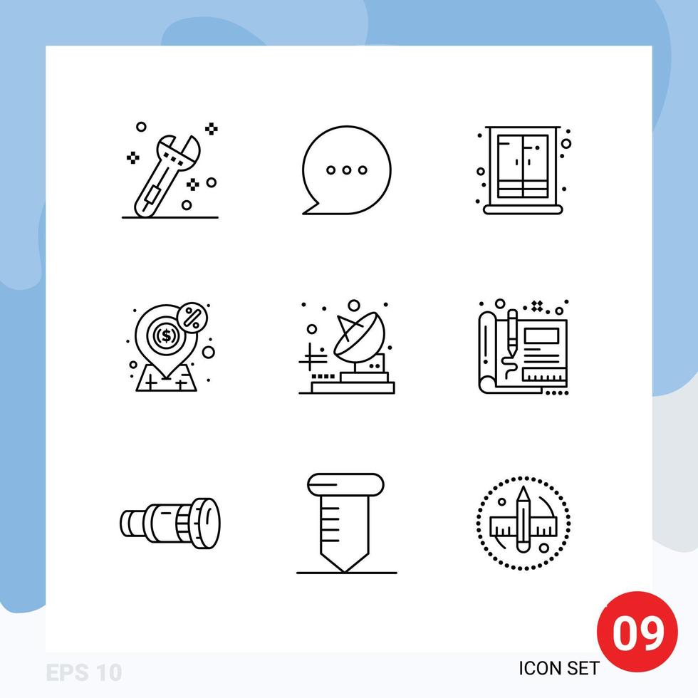 Pack of 9 Modern Outlines Signs and Symbols for Web Print Media such as telecommunication present interior payment finance Editable Vector Design Elements