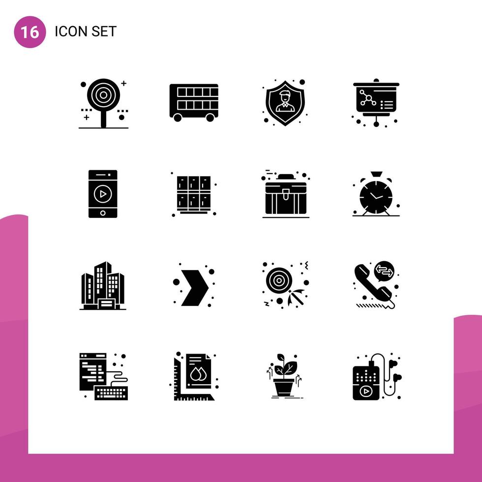 Modern Set of 16 Solid Glyphs and symbols such as audio atom london lesson shield Editable Vector Design Elements