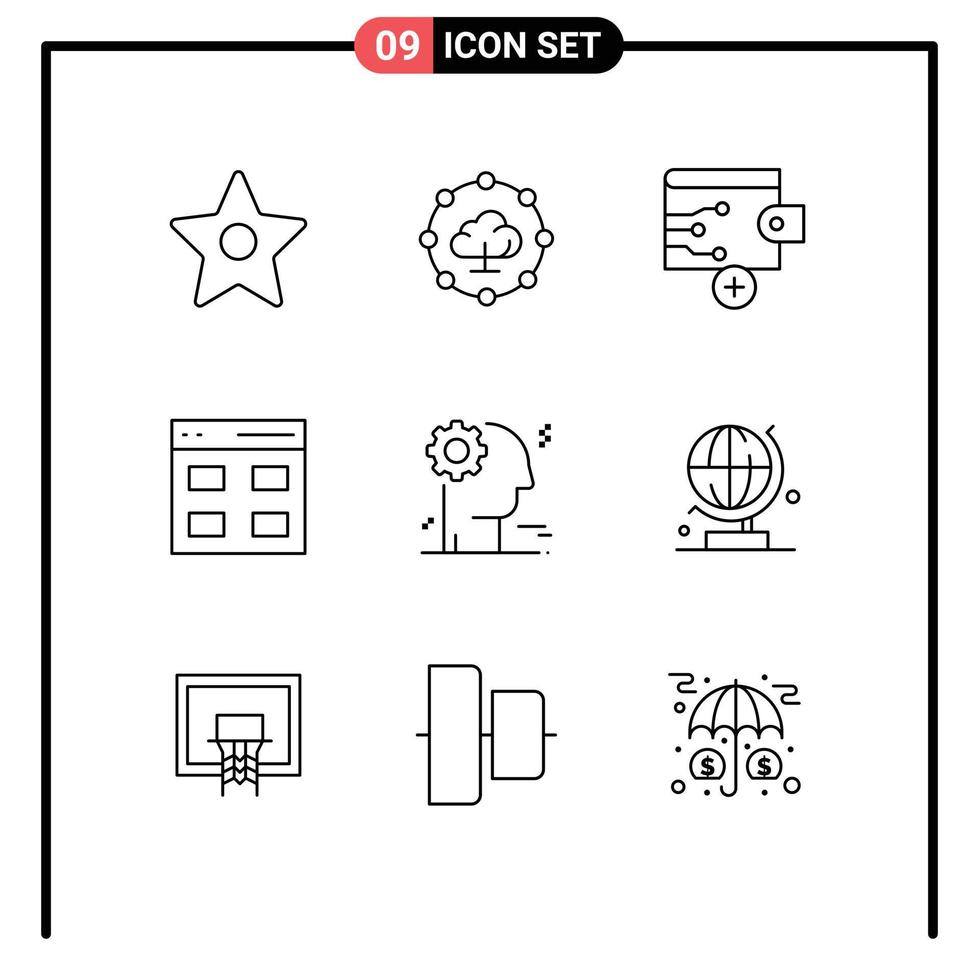 User Interface Pack of 9 Basic Outlines of globe business wallet gear user Editable Vector Design Elements